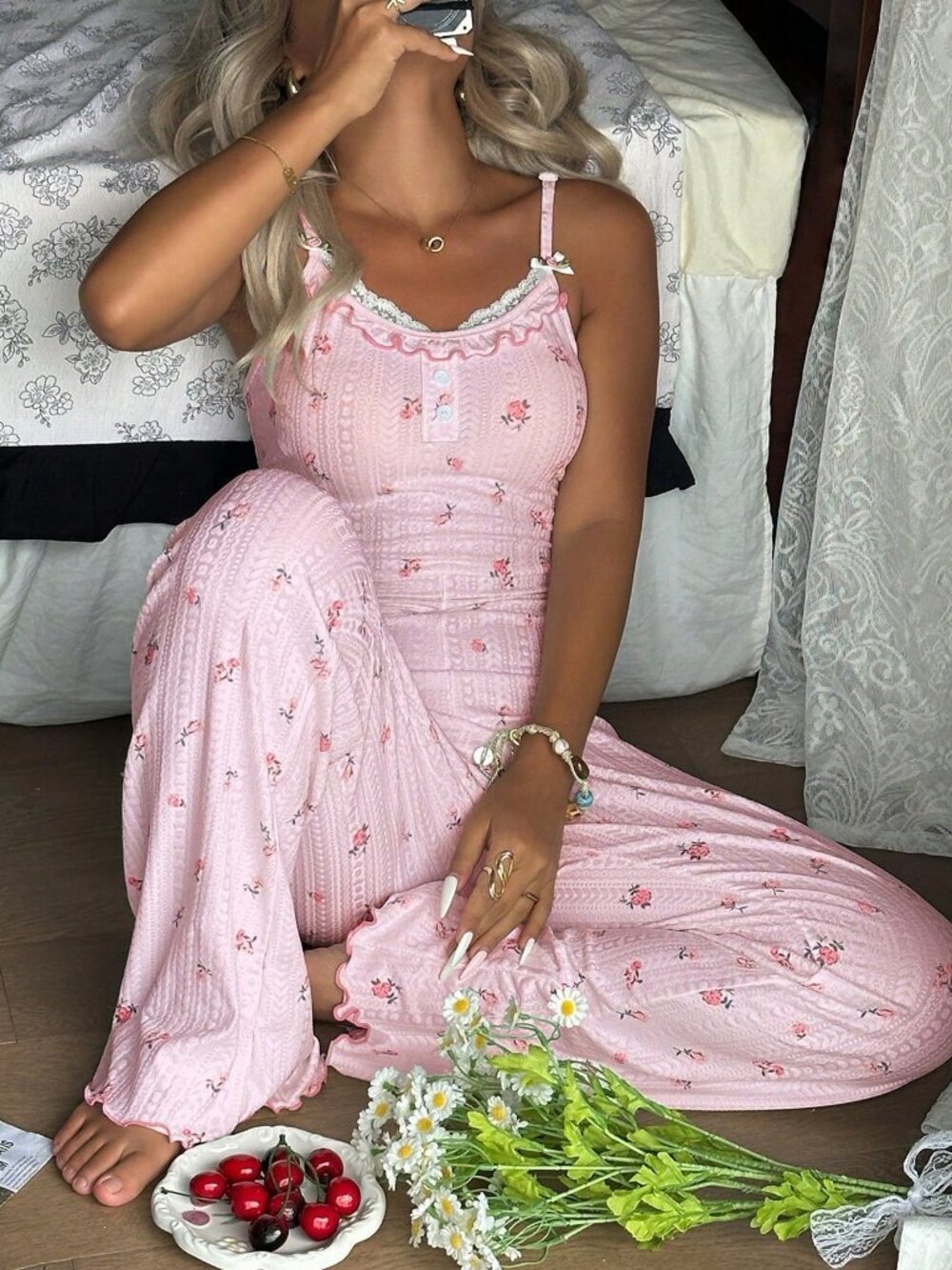 Pink Casual Women's Floral Lace Patchwork Backless Design Pajama Jumpsuit - Picture 5 of 7